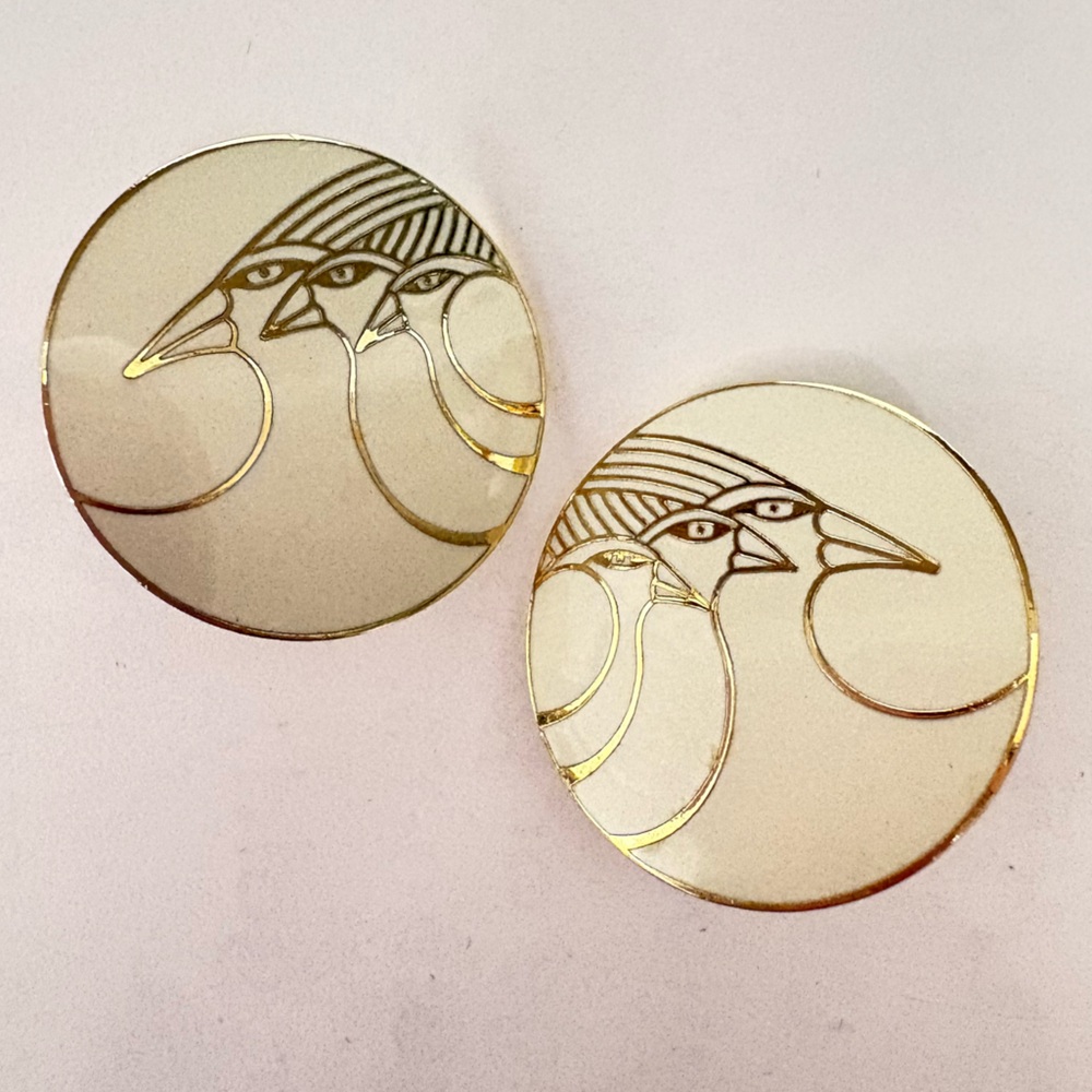 Vintage Lauren Burch celestial birds gold, and white enamel earrings